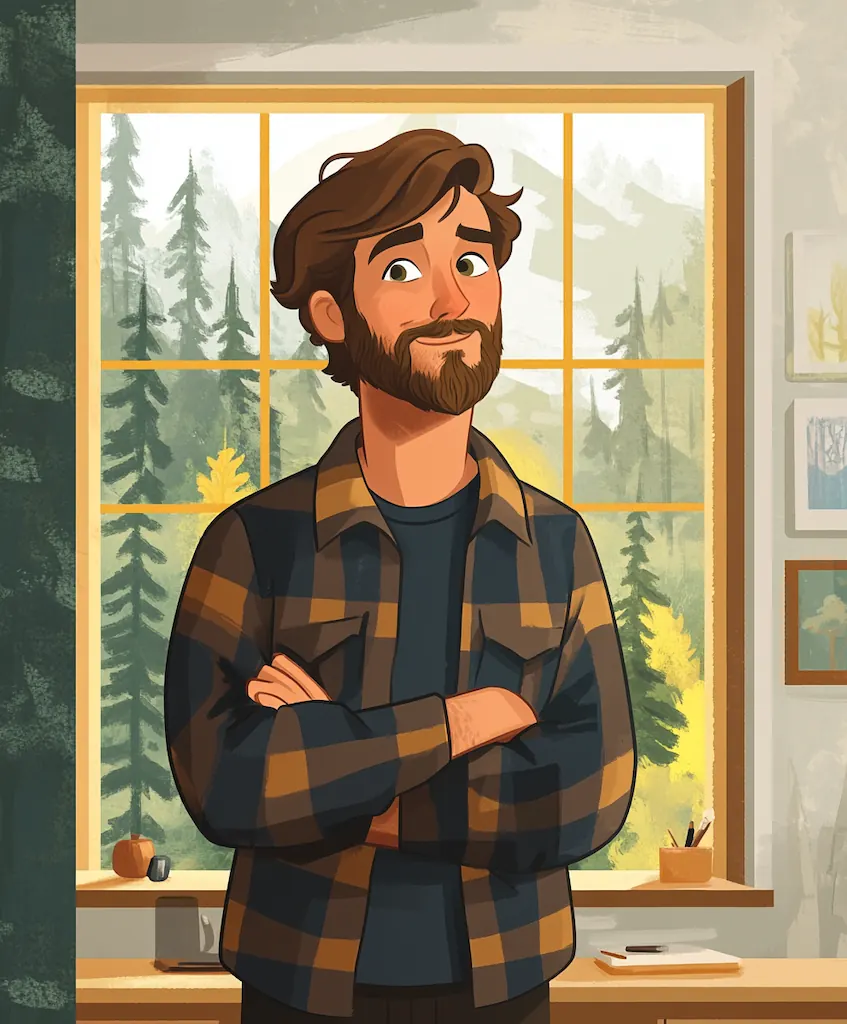 Illustrated portrait of Josh in a flannel shirt, arms crossed, in front of a window full of fir trees.